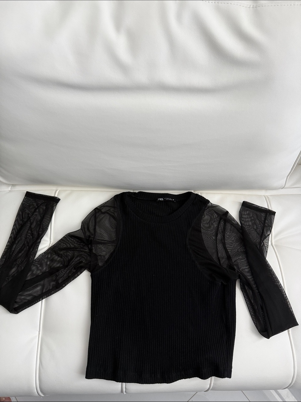 Zara Black Ribbed Top with Sheer Mesh Long Sleeves